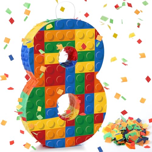 RoundFunny Number 8 Building Blocks Piata 165 Inch Party Supplies 8th Birthday Party Decorations Piata with Confetti Blocks Theme Fiesta Anniversary Celebration - Image 1