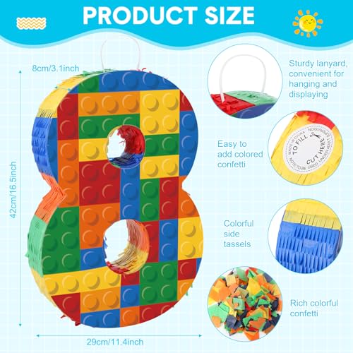 RoundFunny Number 8 Building Blocks Piata 165 Inch Party Supplies 8th Birthday Party Decorations Piata with Confetti Blocks Theme Fiesta Anniversary Celebration - Image 5