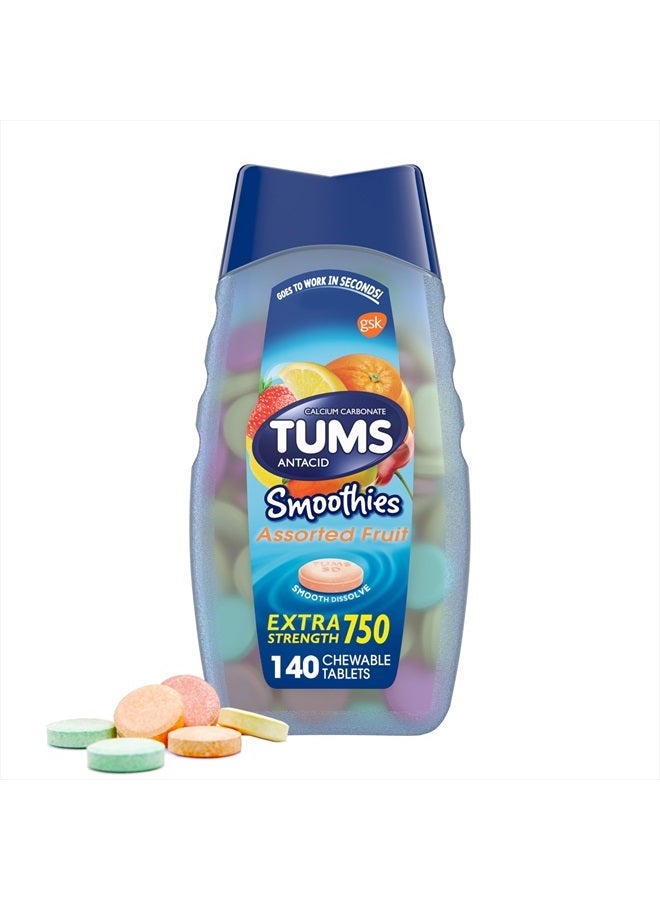 TUMS Smoothies Extra Strength Antacid Chewable Tablets for Heartburn Relief, Assorted Fruit - 140 Count - Image 1