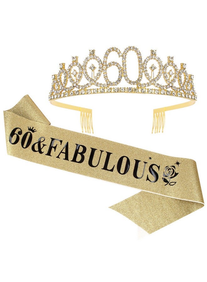 Casoty Casoty 60th Birthday Sash and Tiara for Women, Gold Crown 60 and Fabulous Sash & Crown Set, 60th Birthday Gifts for Women, 60th Birthday Decorations Women  - Image 1