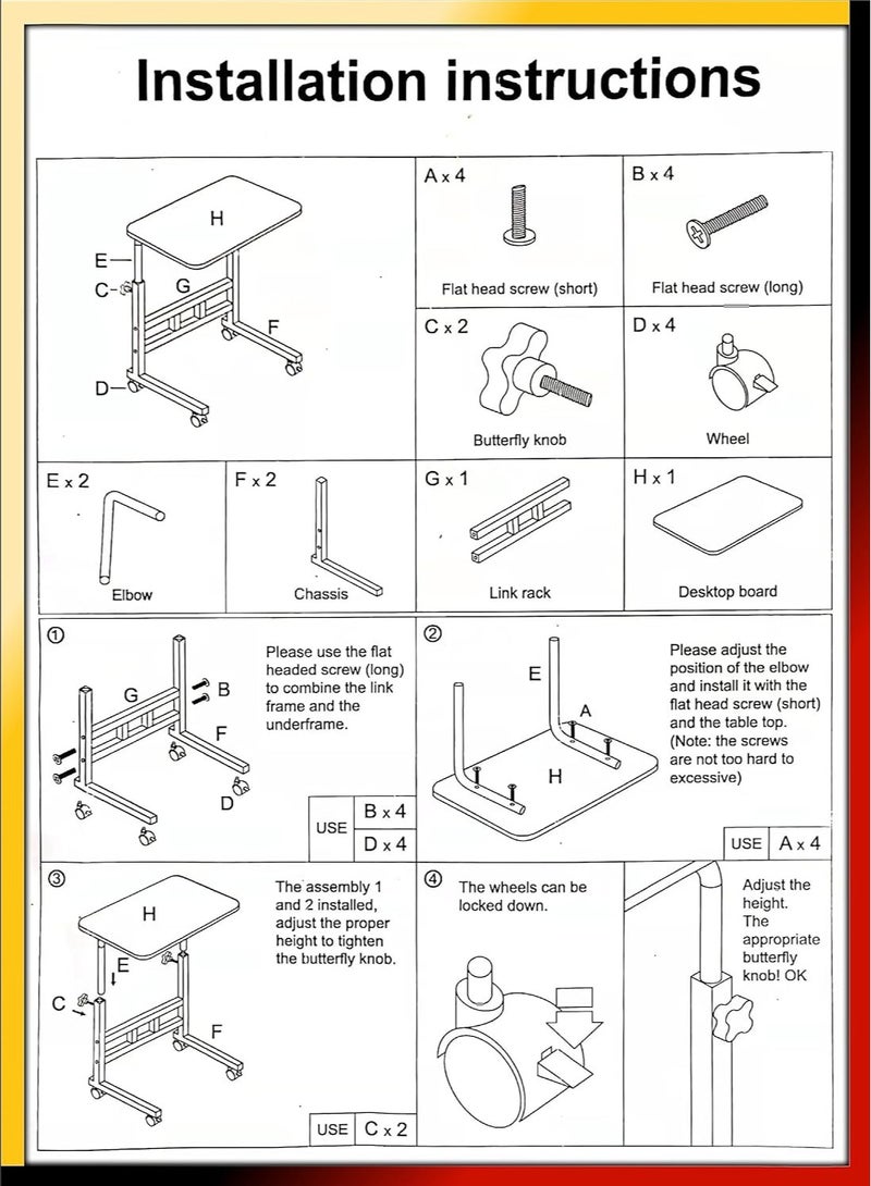 DubaiGallery Table Adjustable Height Movable Bedside Table, Steel Frame And Swivel Casters For Home, Hospital,Breakfast  - Image 4