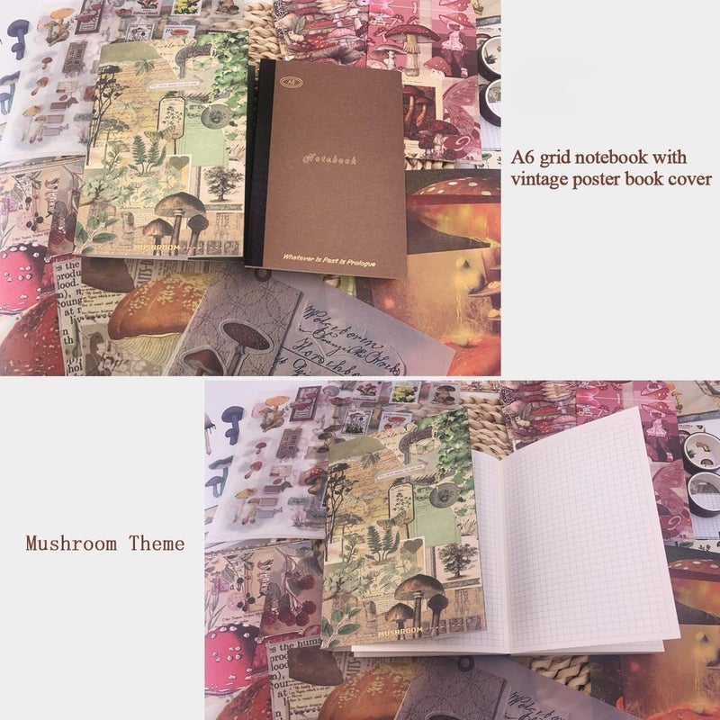 MGNLR Vintage Aesthetic Paper Scrapbook Kit(346Pcs) Scrapbooking Supplies Kit With Bullet Junk Journal,Stationery,A6 Grid Notebook Journaling Gift For Girl (Mushroom Scrapbook),Multicolor - Image 4