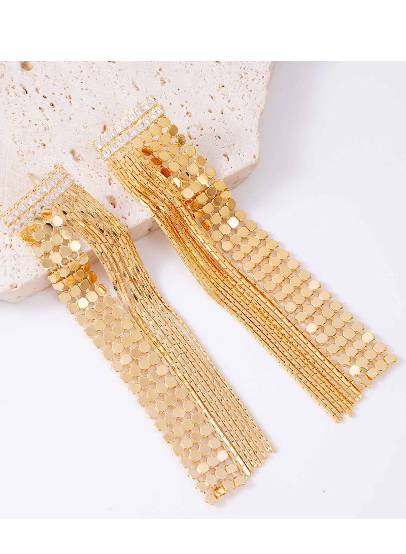 فاشون مضلع الترتر أقراط ، أقراط سلسلة مع حجر الراين شرابة - Image 1