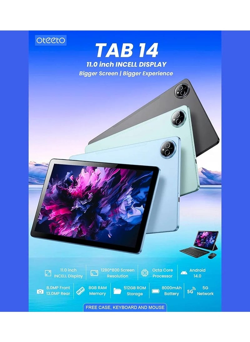 Oteeto - New Oteeto TAB14 Tablet/11.0" Inch IPS LCD/8GB RAM + 512 GB ROM/5G Network/8000 mAh/8MP Front + 13MP Rear Camera/Octa Core 2.0 GHz/Android 14/Includes Keyboard,Touch Pen,Mouse - Image 1