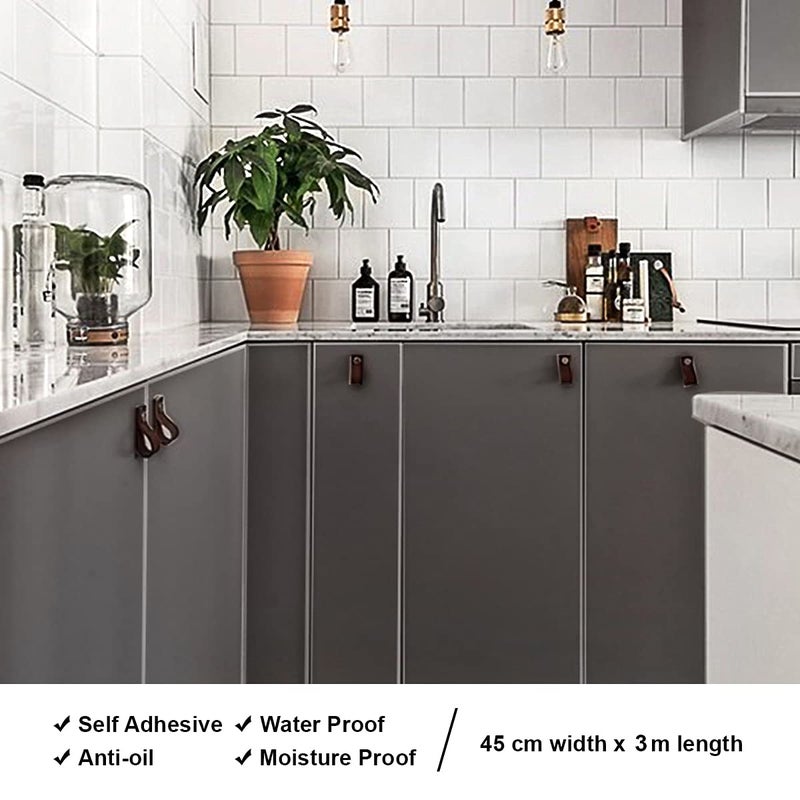 wolpin ملصقات حائط وولبين ورق جدران للقاعة (45 × 300 سم) تجديد سطح طاولة الأثاث، مقاوم للماء، ذاتية اللصق، لون صلب، ورق جدران رمادي، 45 سم - Image 3