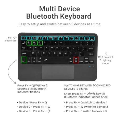 Concept Kart Bluetooth Wireless Keyboard with Multi-Gesture Trackpad, 7 Color Backlit, Multi Device (Connect Upto 3) Portable Slim and Compact, Long Battery Life, Auto Sleep Mode Keyboard for Laptop, Phone - Image 3