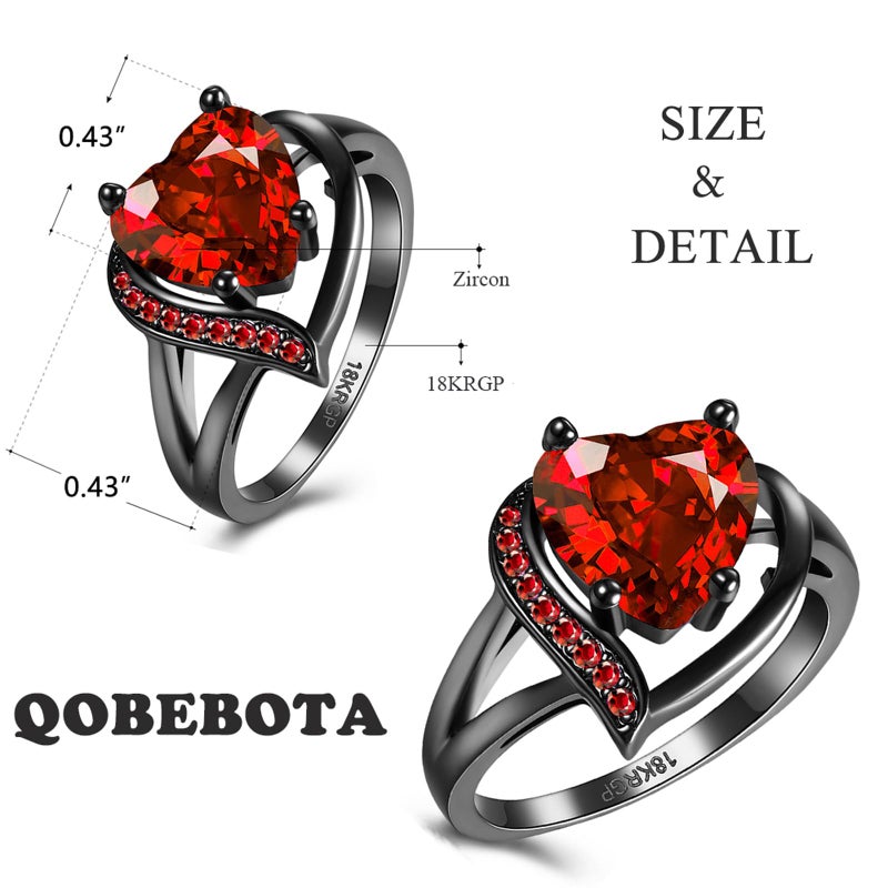 QOBEBOTA Engagement Rings for Women Red Garnet Heart Cubic Zirconia Promise Rings for Her Womens Rings Black Gold Gothic Rings Birthday Gifts Wedding Rings Size 7 Ring Statement Rings for Women - Image 3