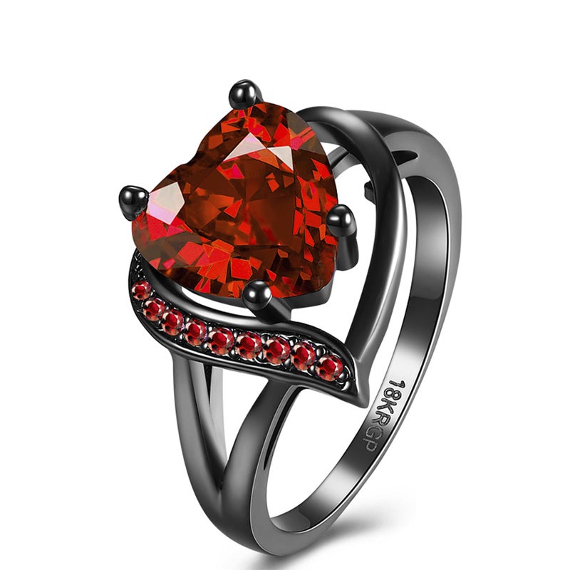 QOBEBOTA Engagement Rings for Women Red Garnet Heart Cubic Zirconia Promise Rings for Her Womens Rings Black Gold Gothic Rings Birthday Gifts Wedding Rings Size 7 Ring Statement Rings for Women - Image 1
