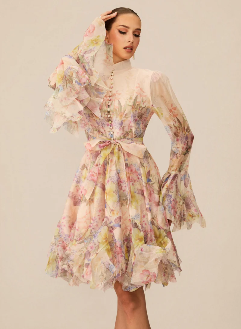 Sunfere Apricot Lana Floral Print Flared Mini Dress for Women | Best Price UAE