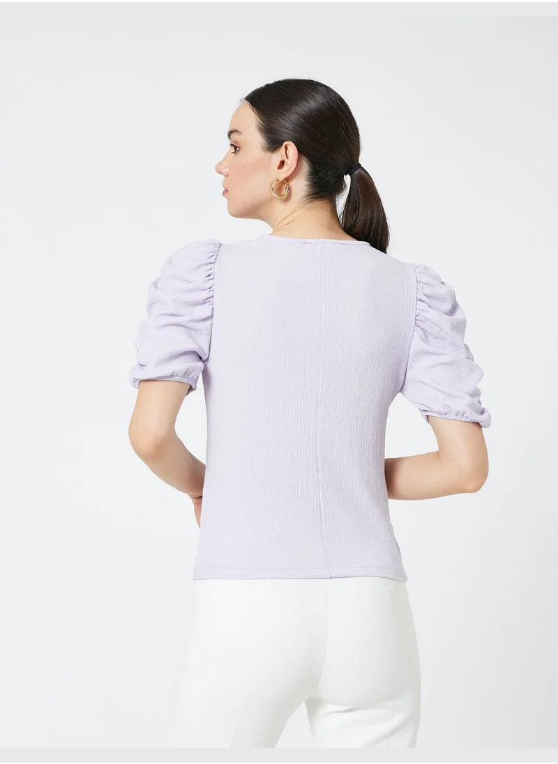 كوتون Shirred Sleeve T-Shirt Crew Neck
