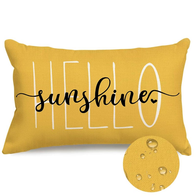 RABUSOFA Outdoor Waterproof Pillows Decorative Throw Pillows,12x20 Inch Hello Sunshine Summer Pillow Covers,Yellow Mustard Waterproof Pillow Cases for Patio Furniture Garden Spring(2-12) - Image 1