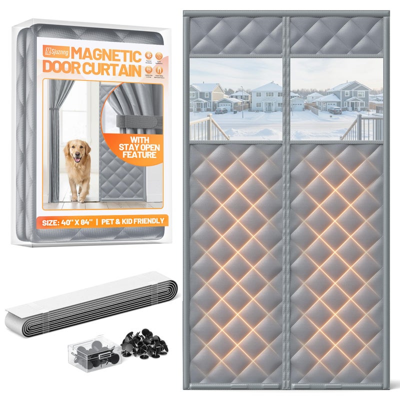 Sjuznng Magnetic Insulated Door Curtain Fits 38"x82" Doors - Thermal Door Cover for Winter with Clear Window, Window Insulation Kit & Doors Draft Stopper to Keep Cold Air Out for Front Doorway Home - Gray - Image 1