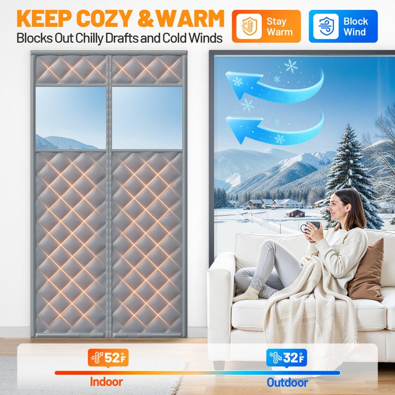 Sjuznng Magnetic Insulated Door Curtain Fits 38"x82" Doors - Thermal Door Cover for Winter with Clear Window, Window Insulation Kit & Doors Draft Stopper to Keep Cold Air Out for Front Doorway Home - Gray - Image 2
