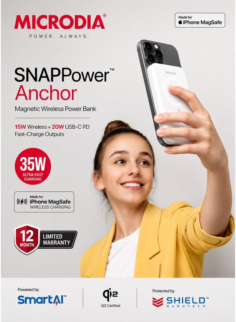 ميكروديا بنك الطاقة المغناطيسي SNAPPower Anchor 5000 مللي أمبير في الساعة، شاحن سريع نحيف ومريح بقوة 35 واط مع شاشة LCD، لاسلكي وUSB-C PD لأجهزة iPhone وAndroid - أبيض - Image 4