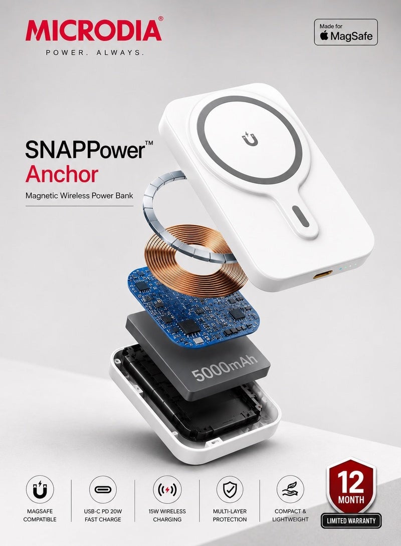 ميكروديا بنك الطاقة المغناطيسي SNAPPower Anchor 5000 مللي أمبير في الساعة، شاحن سريع نحيف ومريح بقوة 35 واط مع شاشة LCD، لاسلكي وUSB-C PD لأجهزة iPhone وAndroid - أبيض - Image 3
