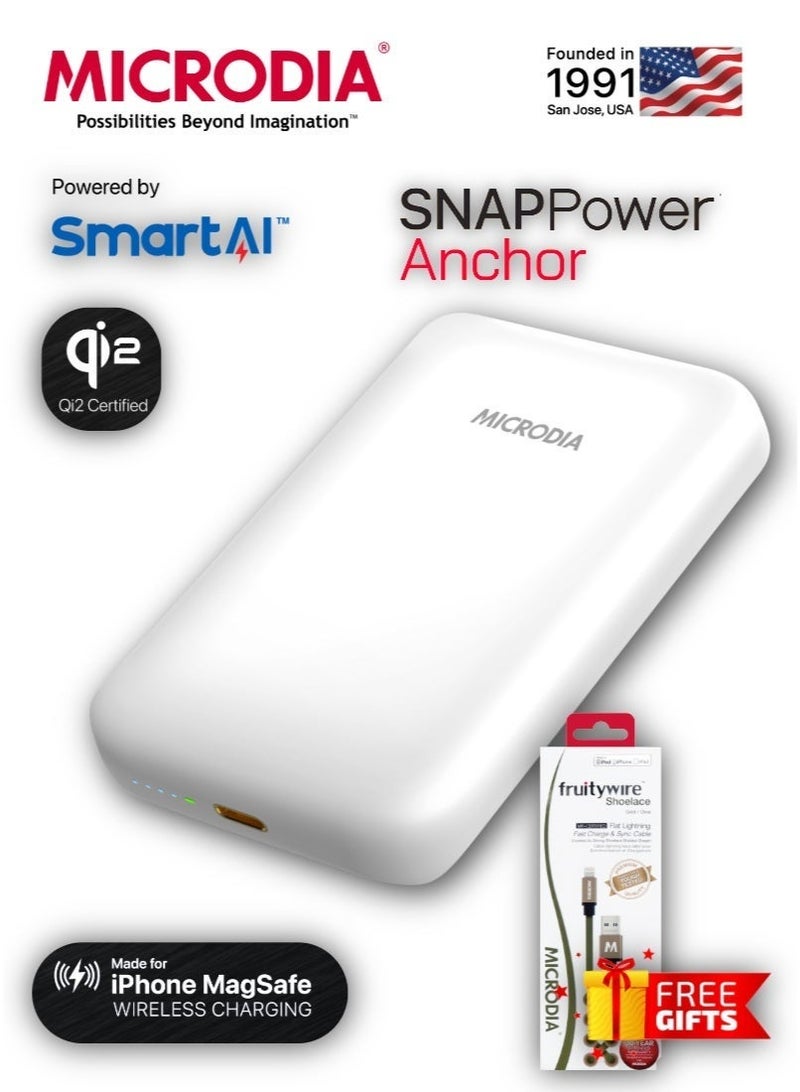 ميكروديا بنك الطاقة المغناطيسي SNAPPower Anchor 5000 مللي أمبير في الساعة، شاحن سريع نحيف ومريح بقوة 35 واط مع شاشة LCD، لاسلكي وUSB-C PD لأجهزة iPhone وAndroid - أبيض - Image 1