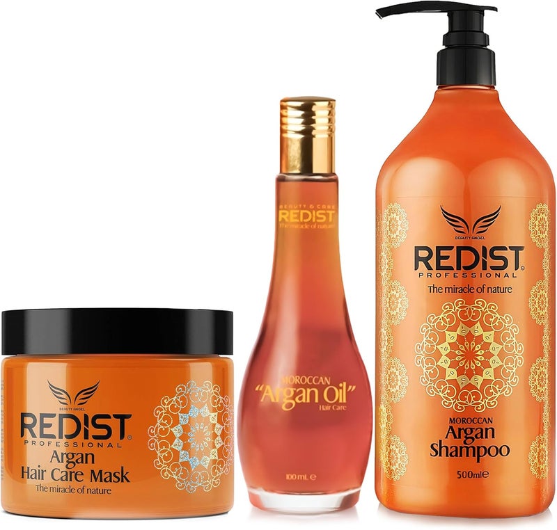 Redist Hair Care Moroccan Argan Shampoo 500ml Hair Mask 500ml Argan Oil 100ml Repairs Strengthens and Shines Reduces Dandruff Adds Silky Softness Natural Ingredient Flower Scent Set