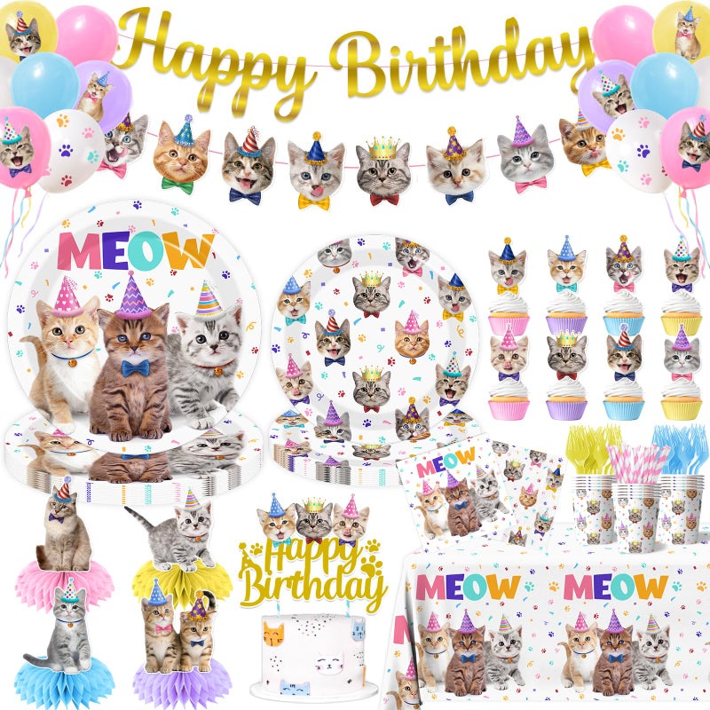 YGCTBVY Cat Birthday Decorations189pcs Cat Party Decorations cat Birthday Plates and Napkins Cups Tablecloth Cake Topper Hanging Swirls Centerpiece Balloon for Ca t Party Supplies - Image 2