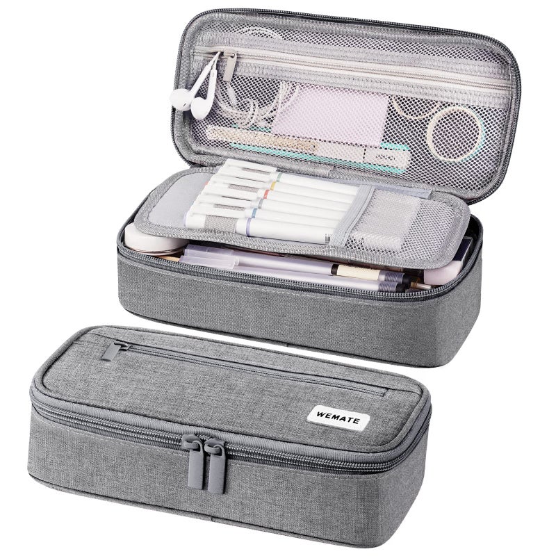WEMATE Large Pencil Case Aesthetic Big Capacity Canvas Pouch with Zipper Marker Pen Case for Women Men Portable Stationery Pencil Bag for Office Light Grey