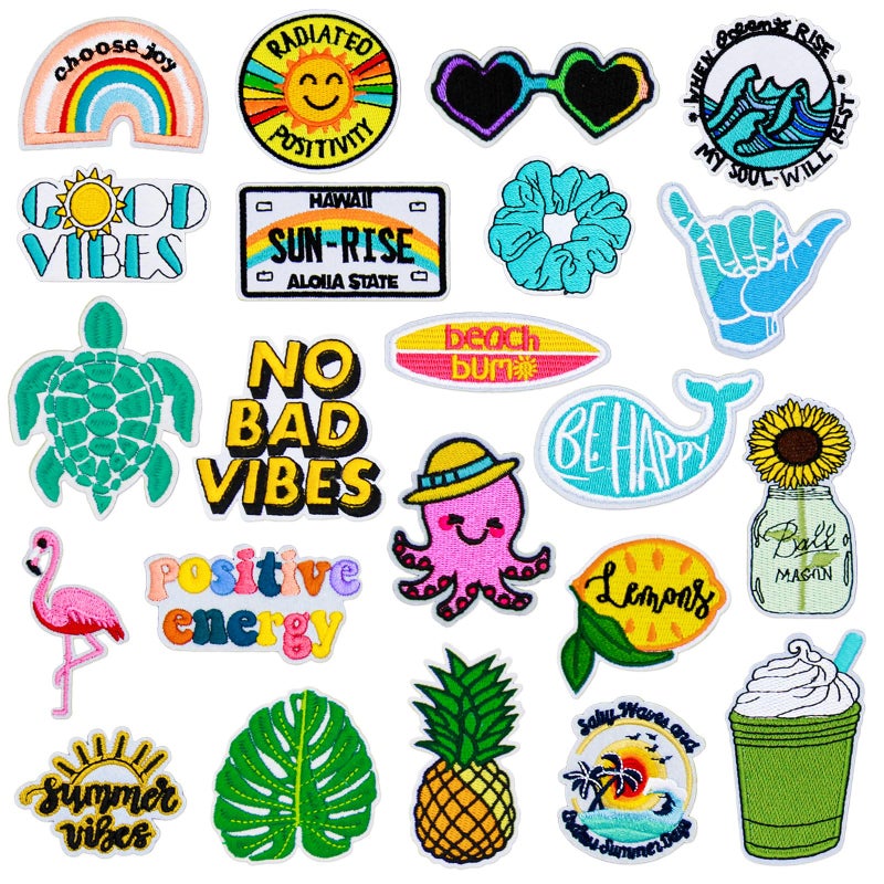Yaveron 22Pcs Summer Iron on Patches Vsco Vintage Embroidered Patches Cute Hawaiian Applique Patches for Clothing Backpacks Jeans Hats