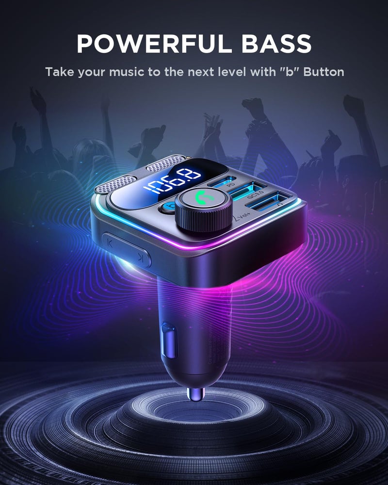 JOYROOM Bluetooth 5.4 Car Adapter FM Transmitter 81W (PD 45W & 36W) [Dual Mics] [Light Switch] [HiFi Bass Sound] [Fast Charging] Wireless Music Adapter Hands-Free Calling LED Display Support USB Drive - Image 4