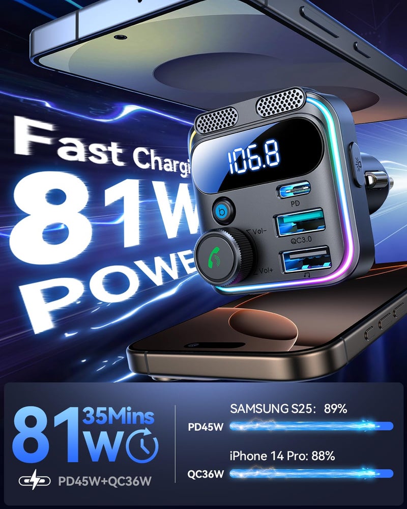 JOYROOM Bluetooth 5.4 Car Adapter FM Transmitter 81W (PD 45W & 36W) [Dual Mics] [Light Switch] [HiFi Bass Sound] [Fast Charging] Wireless Music Adapter Hands-Free Calling LED Display Support USB Drive - Image 2