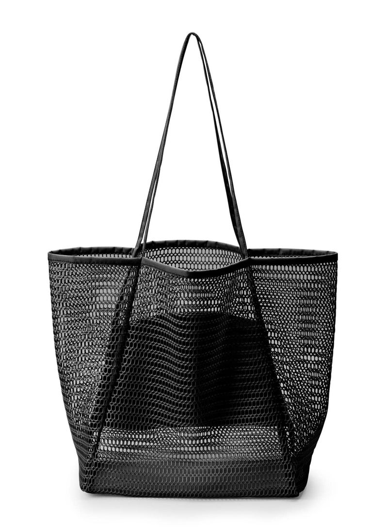 Generic Large Reusable Mesh Tote Bag for Women, Versatile Summer Beach and Shopping Bag, Casual Shoulder Bag with Zipper Pocket for Travel, Gym, and Picnic, Lightweight Grocery Bag - Image 1