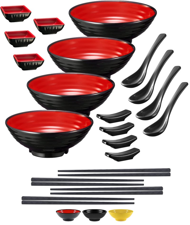 Practimondo 4 Noodle Bowls Set large 32oz Ramen Bowl Set for authentic Asian Cuisine with Dipping Bowls Spoons Chopsticks Chopstick Stands Enjoy Thai Miso Udon Wonton 4 Bowl Set RedBlack