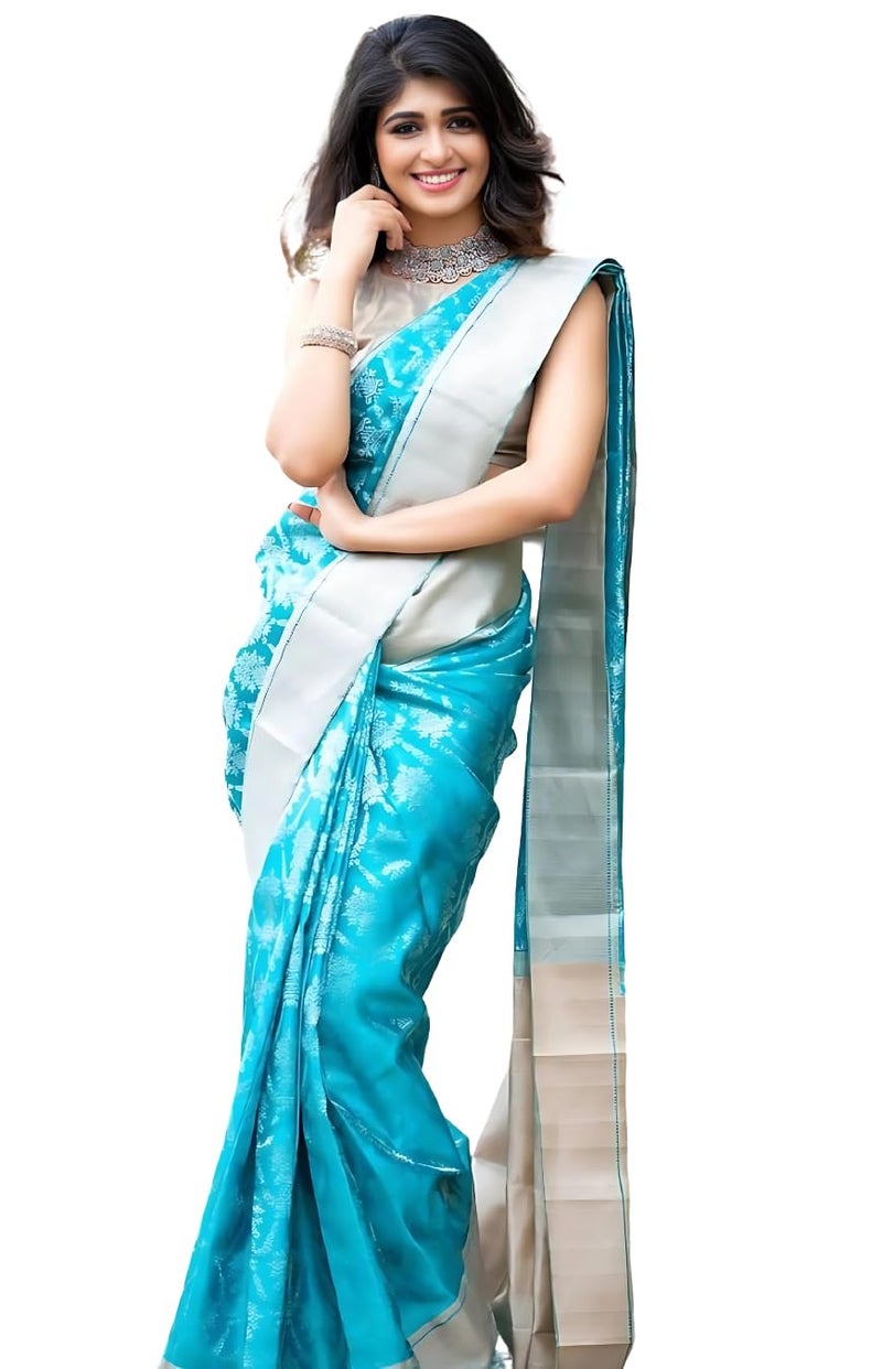 C J Enterprise Women's Banarasi Saree Pure Kanjivaram Silk Saree Soft Design Wear Pattu Sarees Latest Cotton With Blouse Piece Kanchipuram for Wedding sadi new ladies 2025 (Shiv-1) (Skyblue) - Image 1