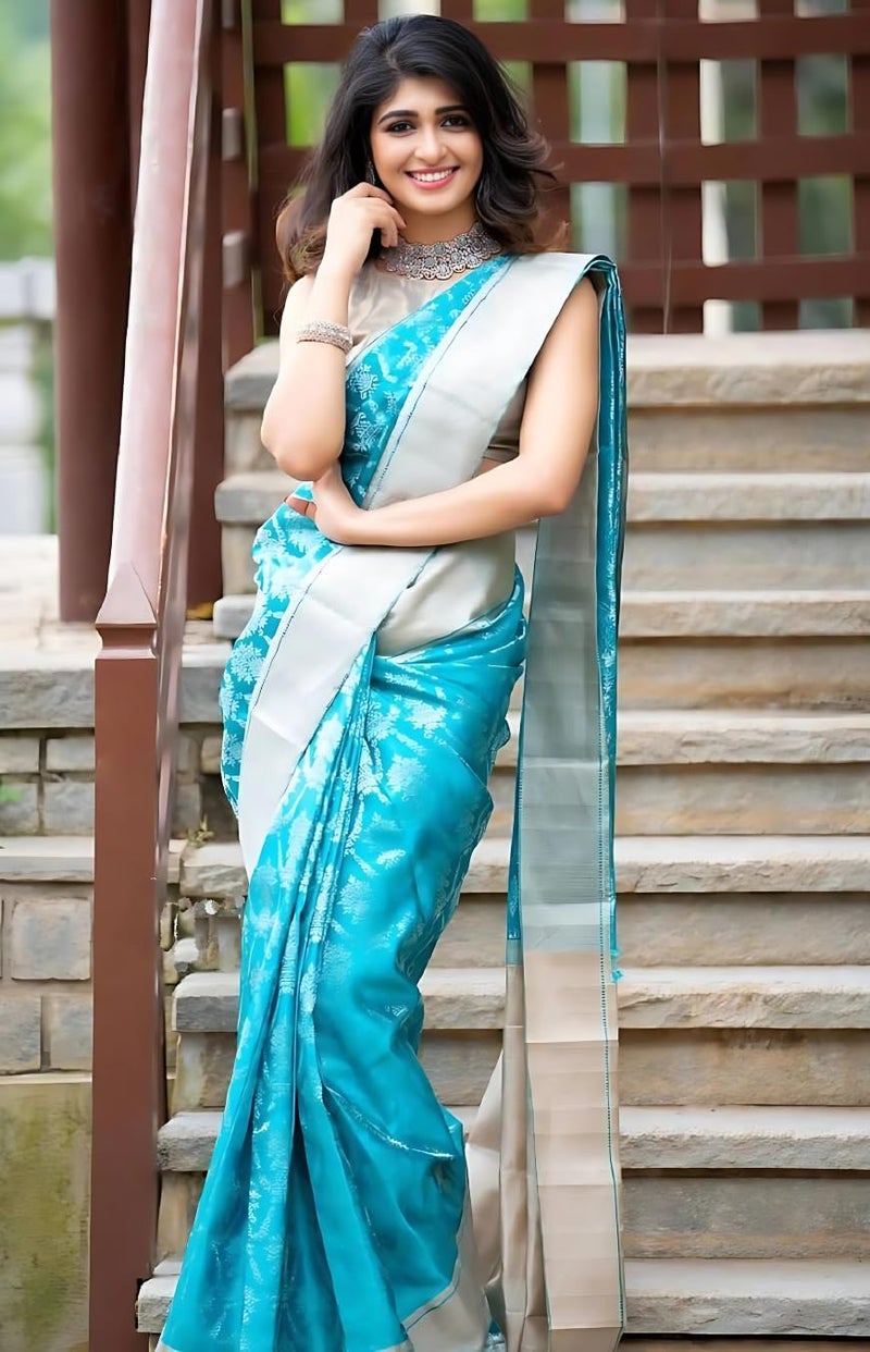 C J Enterprise Women's Banarasi Saree Pure Kanjivaram Silk Saree Soft Design Wear Pattu Sarees Latest Cotton With Blouse Piece Kanchipuram for Wedding sadi new ladies 2025 (Shiv-1) (Skyblue) - Image 5