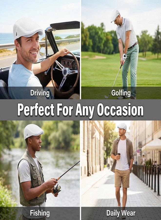 PTDTSHOU Mens Mesh Newsboy Hat Breathable Summer Flat Cap Beret Gatsby Ivy Driving Hat Adjustable Golf Cap White - Image 5