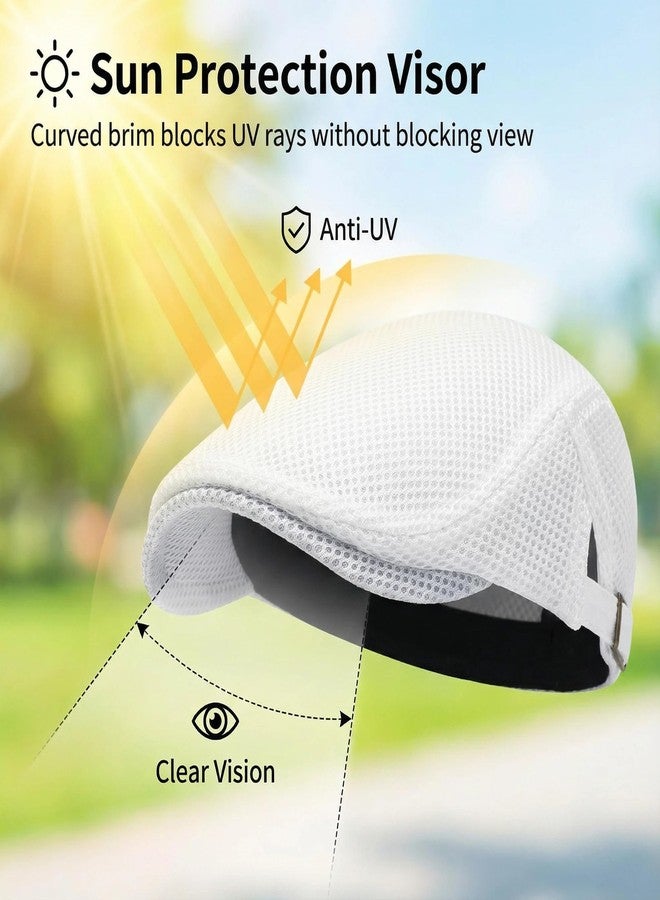 PTDTSHOU Mens Mesh Newsboy Hat Breathable Summer Flat Cap Beret Gatsby Ivy Driving Hat Adjustable Golf Cap White - Image 4