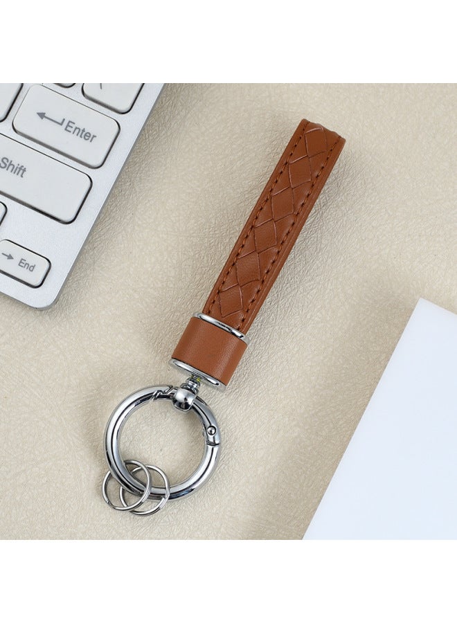 New Handmade Diamond Plaid Leather Rope Pendant Creative Men's And Women's Car Key Chain Metal Key Ring Anti-lost Hanging Ornaments