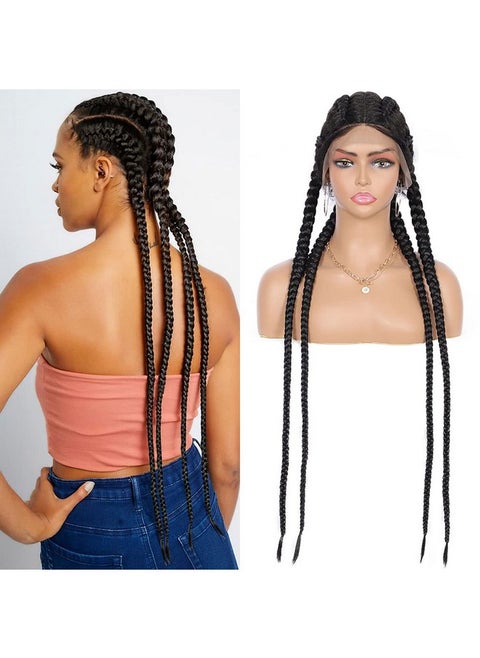 Alyss 35" Handbraided Synthetic Lace Front Box Braided Wigs With 360 Lace Front Black Double Dutch Braided Wigs For Women Heat Resistant Lightweight Synthetic Twisted Braids Wig