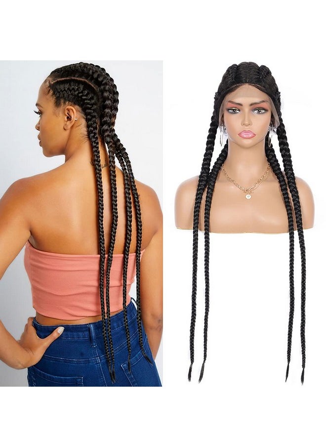 Alyss 35" Handbraided Synthetic Lace Front Box Braided Wigs With 360 Lace Front Black Double Dutch Braided Wigs For Women Heat Resistant Lightweight Synthetic Twisted Braids Wig