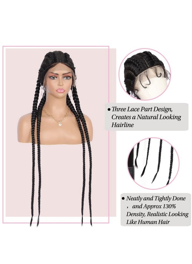Alyss 35" Handbraided Synthetic Lace Front Box Braided Wigs With 360 Lace Front Black Double Dutch Braided Wigs For Women Heat Resistant Lightweight Synthetic Twisted Braids Wig