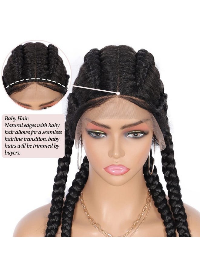 Alyss 35" Handbraided Synthetic Lace Front Box Braided Wigs With 360 Lace Front Black Double Dutch Braided Wigs For Women Heat Resistant Lightweight Synthetic Twisted Braids Wig