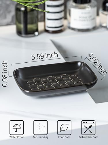Gomakren Soap Dish for Shower, Ceramic Bar Soap Holder with Honeycomb Design - Soap Saver Tray for Bathroom Kitchen Sink, Sponge & Organizer Tray, Upscale Look, 5.5 Inch, Black - Image 2