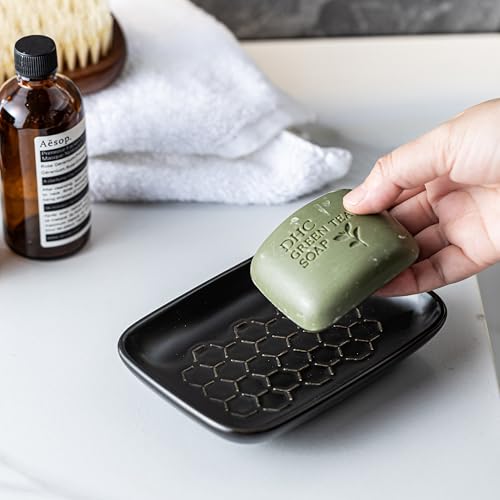 Gomakren Soap Dish for Shower, Ceramic Bar Soap Holder with Honeycomb Design - Soap Saver Tray for Bathroom Kitchen Sink, Sponge & Organizer Tray, Upscale Look, 5.5 Inch, Black - Image 3