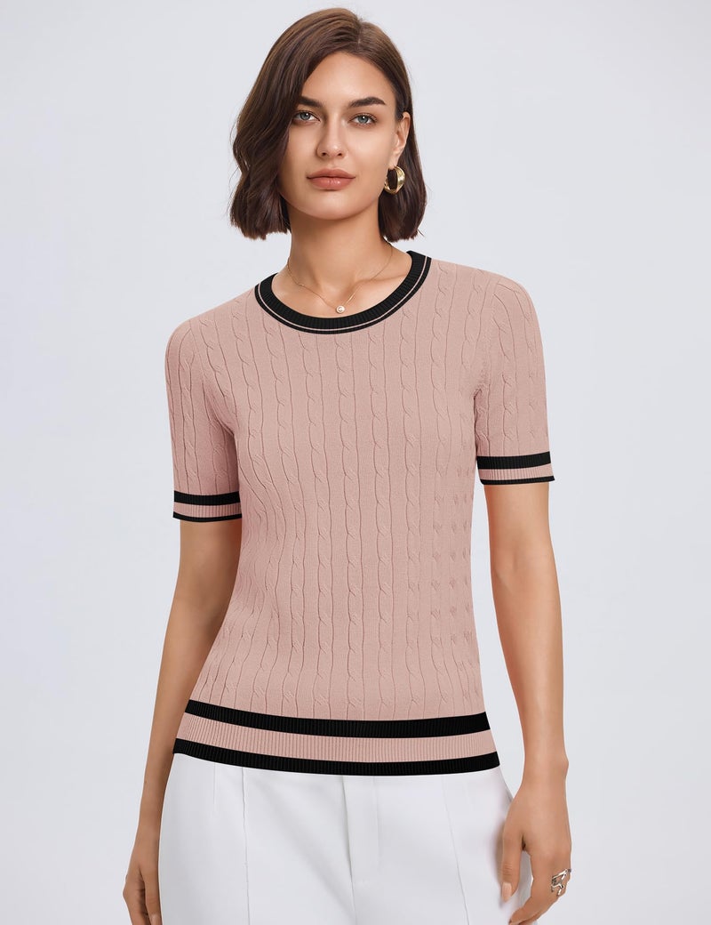 Micoson Cute Striped Sweater Women Dressy Casual Crewneck Short Sleeve Lightweight Spring Summer Tops Office Outfits Light Cinnamon XXL - Image 4