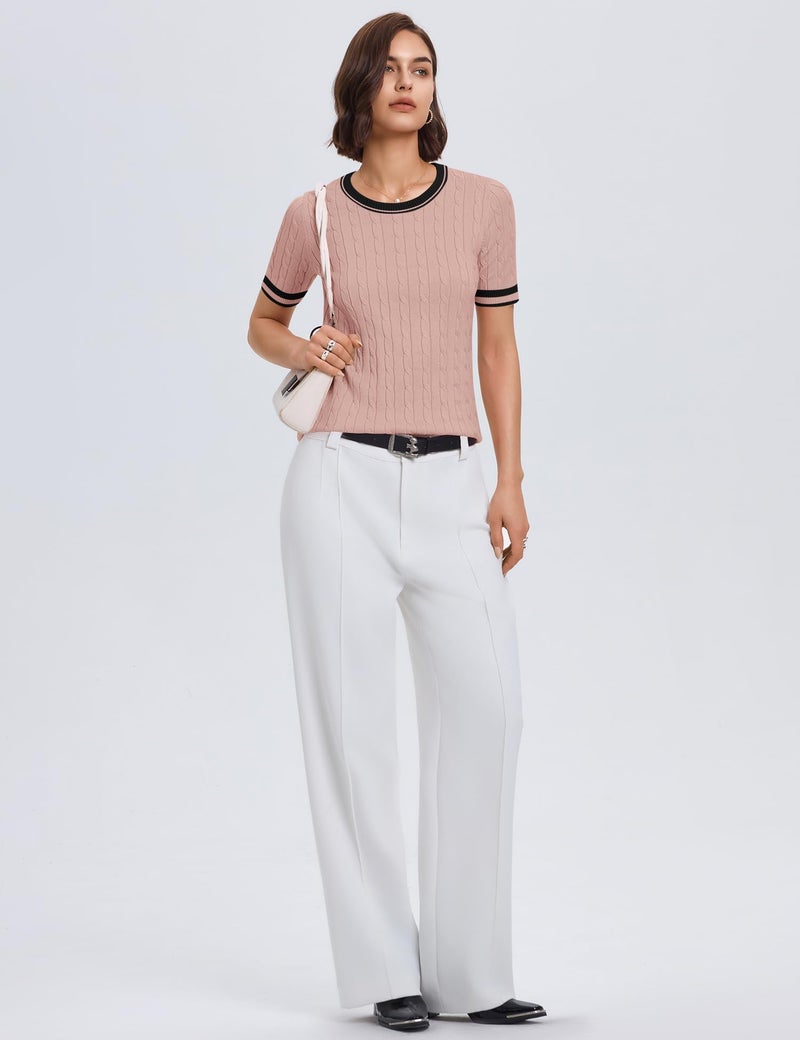 Micoson Cute Striped Sweater Women Dressy Casual Crewneck Short Sleeve Lightweight Spring Summer Tops Office Outfits Light Cinnamon XXL - Image 5