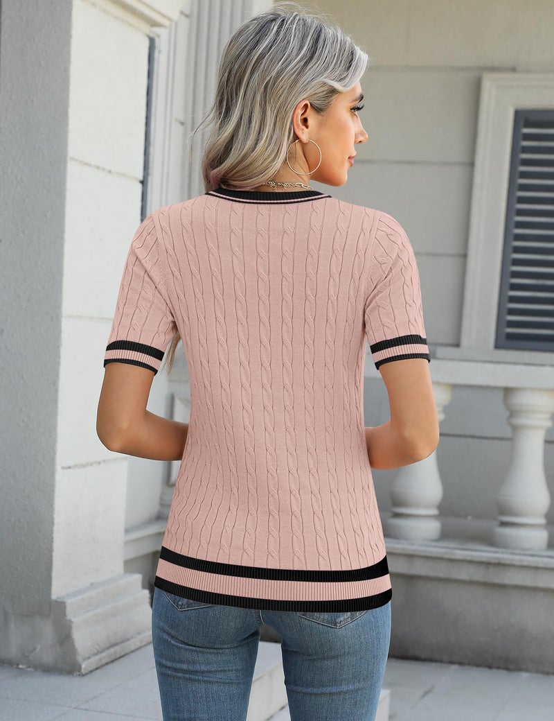 Micoson Cute Striped Sweater Women Dressy Casual Crewneck Short Sleeve Lightweight Spring Summer Tops Office Outfits Light Cinnamon XXL - Image 3