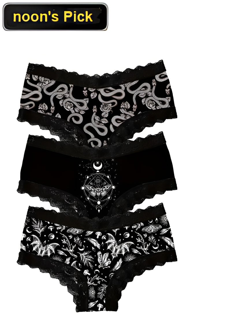 Charlie Exclusive Women's Gothic Panties – 3 Pack – Size M – Black Lace Underwear with Snake, Butterfly & Bat Designs – Soft Breathable Fabric for All-Day Comfort – Unique Dark Aesthetic Lingerie with Celestial & Nature-Inspired Prints – Stylish & Comfortable Briefs for Women – Durable Stretch Material with Elegant Lace Trim – Perfect Gift for Gothic Fashion Lovers – Mysterious & Feminine Underwear Set for Everyday Wear or Special Occasions – Limited Stock - Image 1