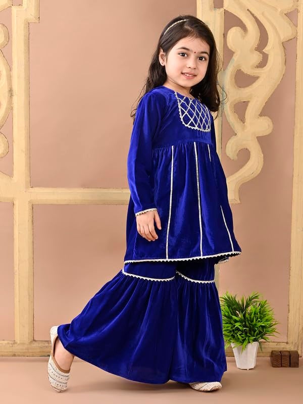 superminis Girls Velvet Solid Gotta Work Kurti with Elasticated Waistband Sharara Set (2-3 Years, Blue) - Image 3