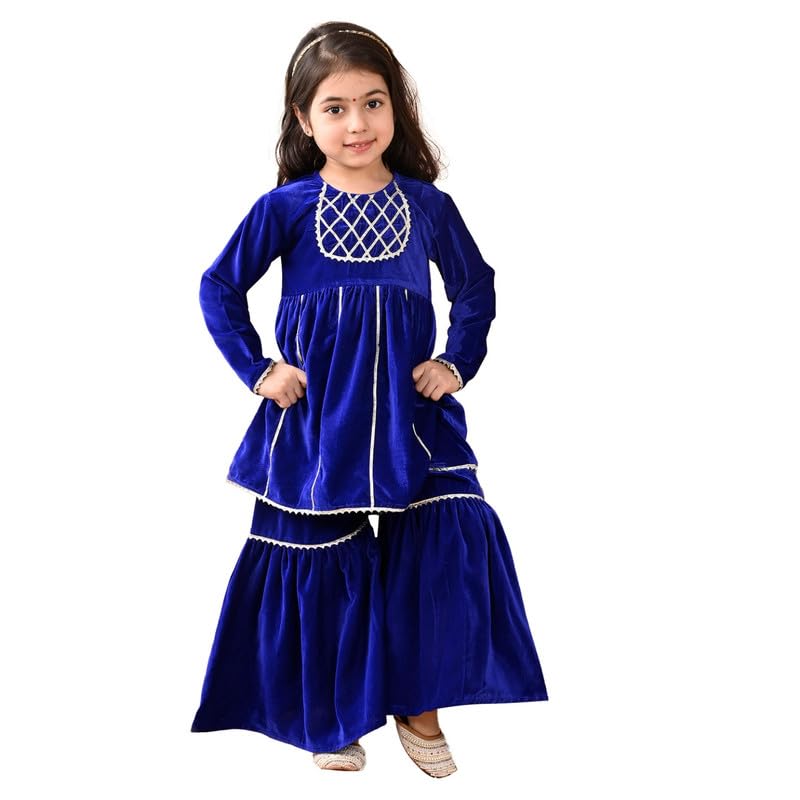 superminis Girls Velvet Solid Gotta Work Kurti with Elasticated Waistband Sharara Set (2-3 Years, Blue) - Image 1
