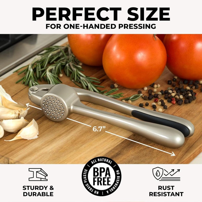 Zulay Kitchen Premium Garlic Press Set - Rust Proof Professional Garlic Mincer Tool - Easy-Squeeze, Easy-Clean with Soft, Ergonomic Handle - Silicone Garlic Peeler & Brush (Silver) - Image 3