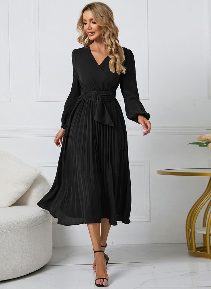 Loquat Women's New Long Sleeved Slim Pleated V-neck Dress - Image 1