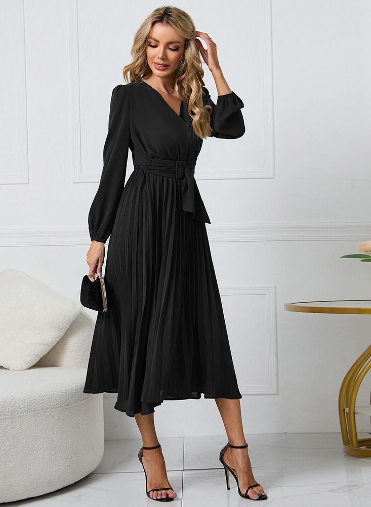 Loquat Women's New Long Sleeved Slim Pleated V-neck Dress - Image 2