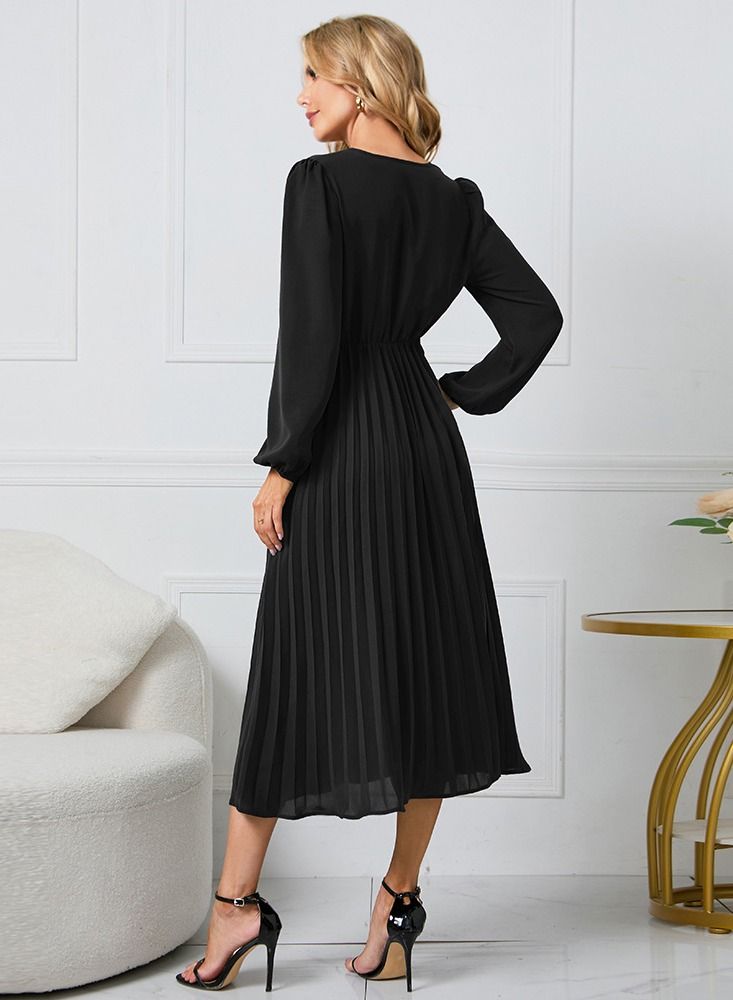 Loquat Women's New Long Sleeved Slim Pleated V-neck Dress - Image 3