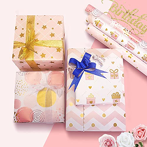 Larcenciel Wrapping Paper for Girl, Metallic Gold Foil Wrapping Paper, Pink Gift Wrap for Birthday, Valentines Day, Christmas, Wedding, Baby Shower,4 Sheets 27.5x19.6inch - Image 5